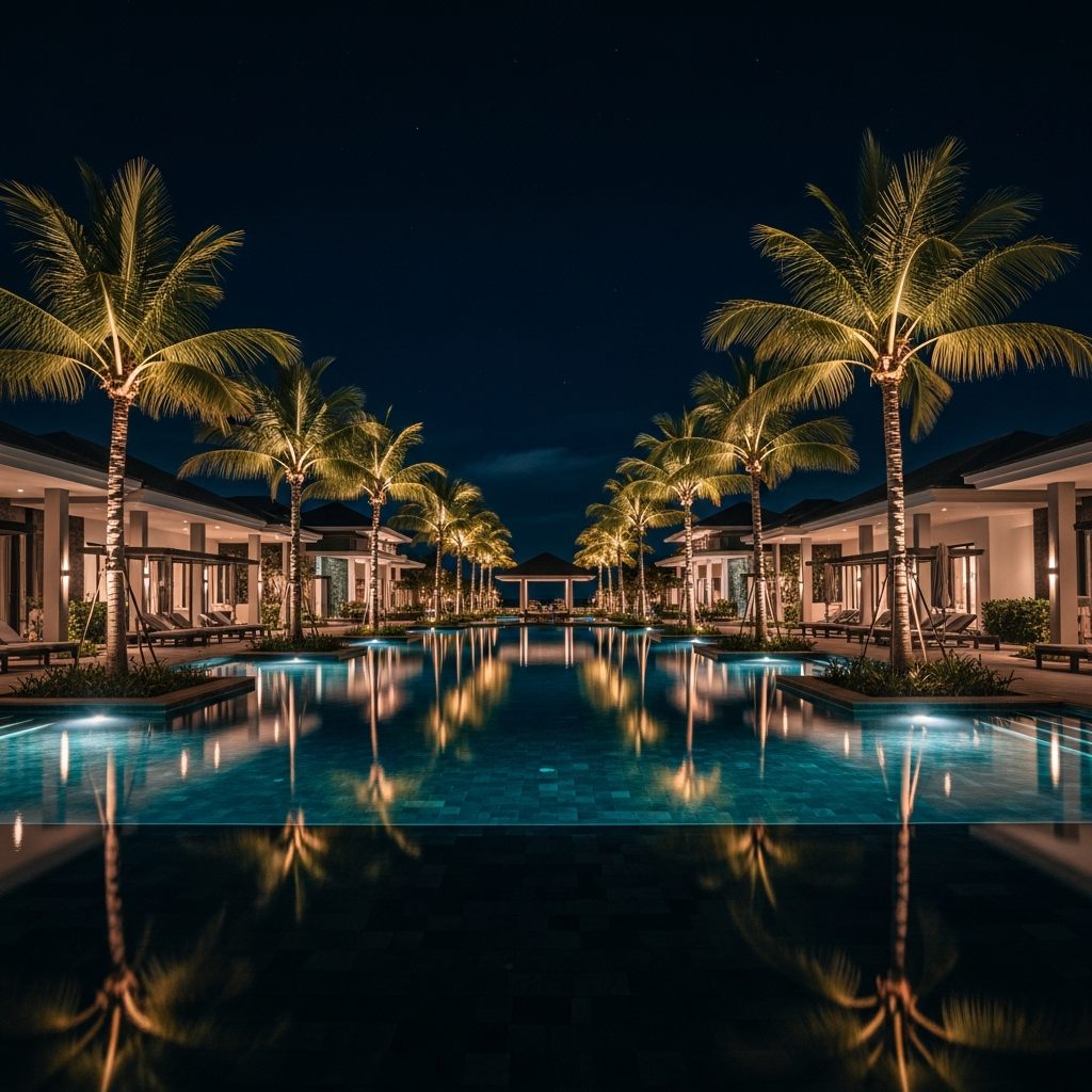 Luxury villa pool at night